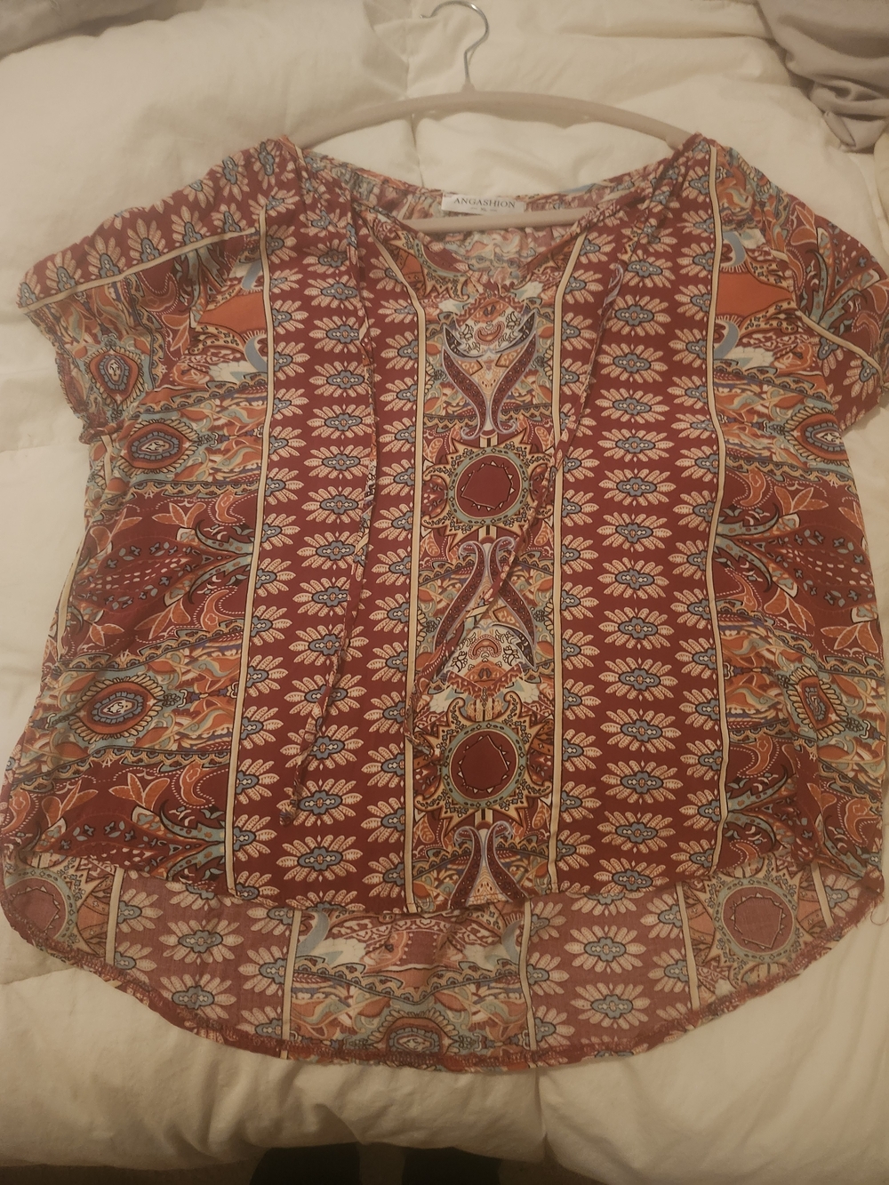 Angashion  Rust Floral Paisley Short Sleeve Blouse XL